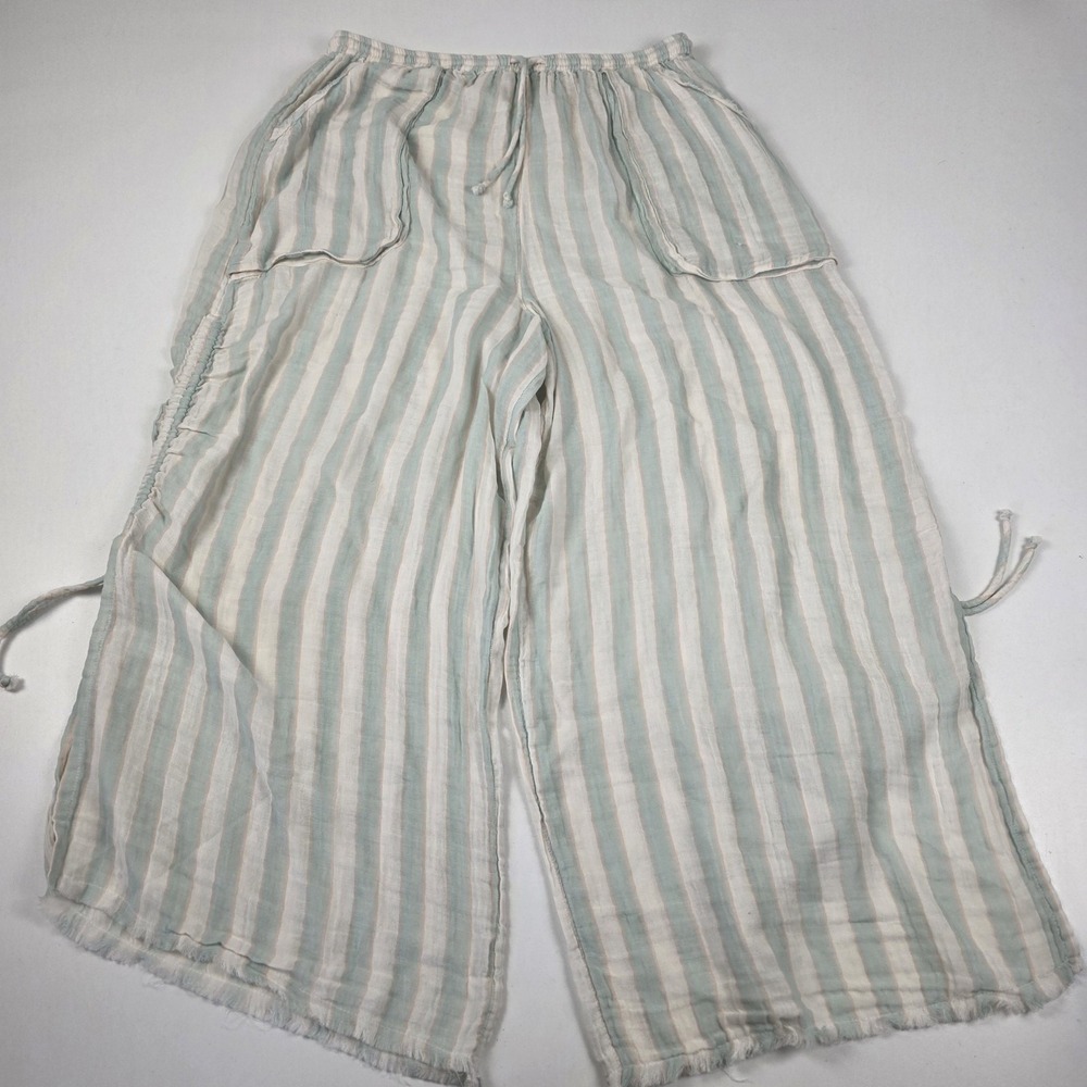 Urban Outfitters Striped Wide-Leg Linen Pants in Pale Green & White - Oversized